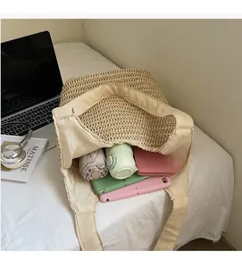 Detailed top view of a woven tote bag showing its large interior capacity for essentials