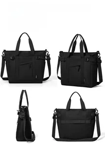 Detail showing front, side, and back views of a large black nylon crossbody tote bag