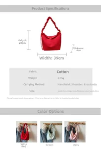 Detailed size specifications for a pleated canvas tote bag showing dimensions and colors