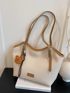 Women Large Capacity Tote Bag PU Leather Lychee Pattern Shoulder Bag Casual Commute Vintage Handbag With Bear Pendant