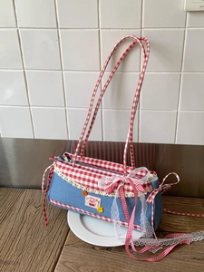 Women Sweet Denim Shoulder Bag Red White Checkered Baguette Bag Lace Bowknot Decor Cherry Patch Vintage Underarm Bag