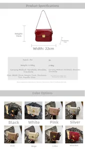Detailed size chart and multi-color options of the glossy PU leather flap square bag