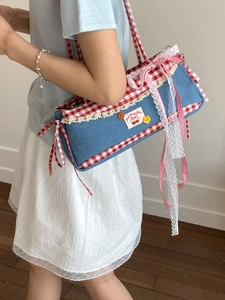 Japanese style vintage denim shoulder bag with cherry patch and red checkered lace trim