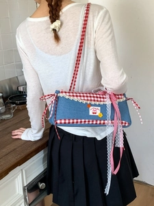 Y2K denim shoulder bag with red gingham trim, lace details, and sweet cherry embroidery