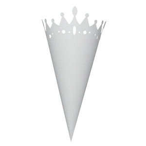 Close-up of a white laser-cut paper cone with elegant crown pattern for wedding confetti