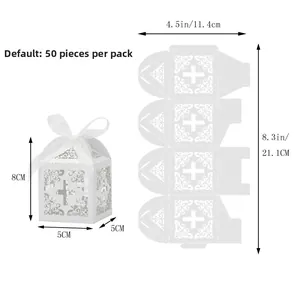 Detailed dimensions and flat layout of ivory laser-cut cross favor box with ribbon