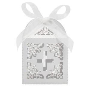 Elegant ivory laser cut cross favor box with white organza ribbon for wedding parties