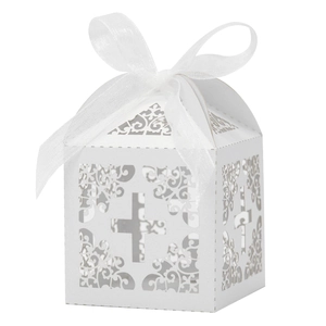 Ivory hollow-out laser cut cross candy box with white organza ribbon for weddings