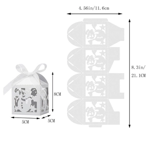 Detailed gift box dimensions with snowman cutout patterns and ribbon for Christmas favors