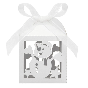 Detail showing white Christmas snowman hollow gift box with elegant ribbon bow