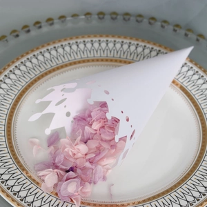 Detail of white hollow crown paper cone filled with pink and purple dried petals on a plate