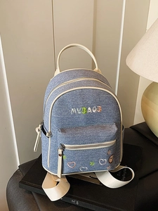 Mini color-block denim backpack for women featuring MY BAG embroidery and floral heart motifs