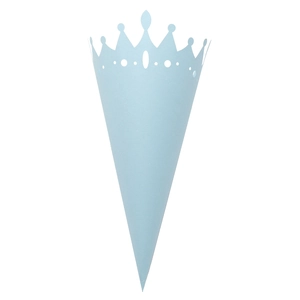 Detail view of a light blue crown-shaped paper cone with delicate laser-cut dot patterns