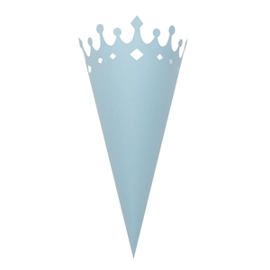 Detailed view of light blue cone paper holder with laser-cut crown edge for weddings