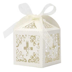 Ivory laser-cut cross wedding favor box with elegant white ribbon for party candy