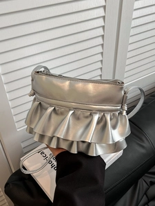 Korean Style Ruffle Pleated Crossbody Bag For Women PU Leather Small Square Shoulder Bag Metallic Silver Mini Satchel