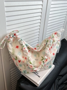 Floral Oxford cloth shoulder bag with lace trim and ruffled edges for women