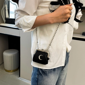 Mini black leather crossbody coin purse with silver moon charm and bead chain strap