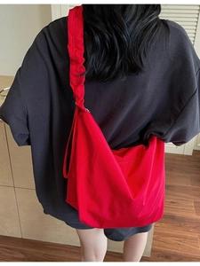 Red large capacity canvas tote bag with pleated shoulder strap and happy night embroidery