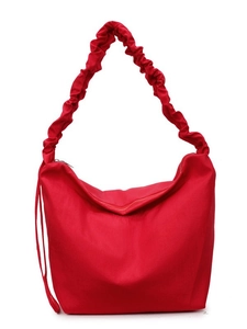Red pleated canvas tote bag with scrunchie strap and half-moon design for women
