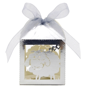 Silver laser-cut sheep gift box with heart patterns and light blue organza ribbon
