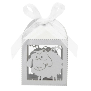 Detail showing white pearlescent sheep-shaped laser-cut candy box with organza bow