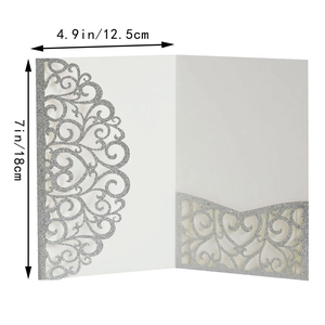 Detailed laser cut silver glitter wedding invitation shell with 7x4.9 inch dimensions