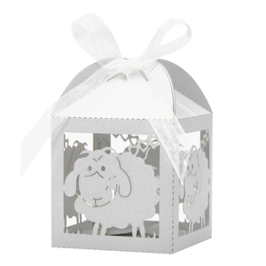 Laser-cut white sheep candy box with heart patterns and silk ribbon for baby showers