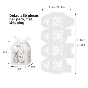 Flat-pack size guide for white laser-cut heart favor box with ribbon, 50pcs per pack