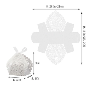 Detailed size parameters of white laser-cut lace wedding favor box with ribbon