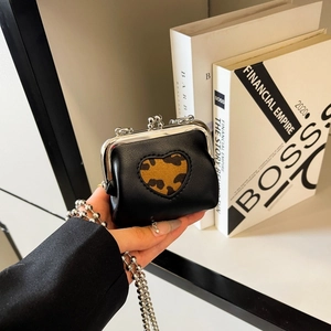 Mini black leather pouch featuring leopard print heart detail and silver ball chain strap