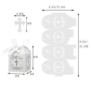 Technical dimensions of laser-cut white cross candy boxes for weddings and baptisms