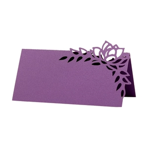 Laser cut hollow flower name place card in purple pearlescent paper for wedding table