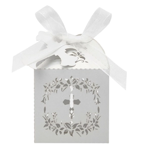 Laser cut white favor box featuring cross wreath design and chiffon ribbon bow detail