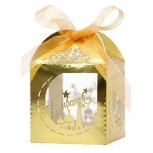 Golden mirror moon and mosque laser-cut candy box with elegant ribbon for Eid Mubarak