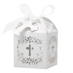 Elegant white laser-cut favor box with cross pattern and white ribbon for weddings