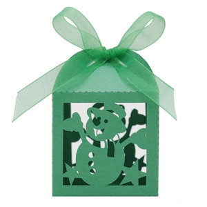 Detail of green Christmas gift box featuring snowman cutout and sheer ribbon bow