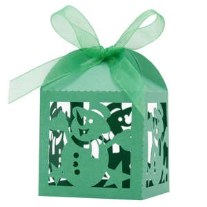 Green Christmas snowman gift box with laser-cut design and satin ribbon bow decoration