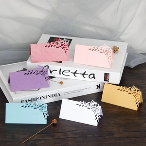 Laser cut hollow flower place card with pearlescent finish in multiple colors for events