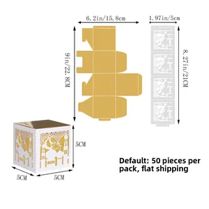 Detail of moon and star cutout gift boxes with 5x5x5cm dimensions and assembly layout