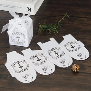 Laser cut cross candy box with white ribbon for weddings and religious parties