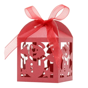 Red Christmas snowman hollow gift box with ribbon for festive candy and chocolate packaging