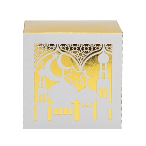 Detailed laser-cut mosque and moon patterns on white and gold Eid Mubarak gift box