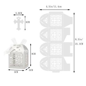 Detailed size specifications of white laser-cut cross favor box with ribbons for events