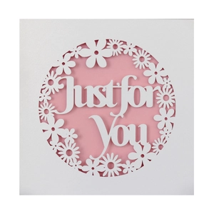 Square greeting card with Just for You text and pink floral laser-cut daisy design