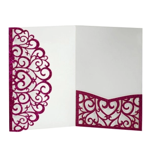 Glittery rose red hollow laser-cut wedding invitation cover with heart vine pattern