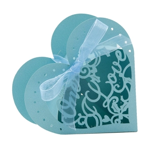 Detailed laser-cut heart pattern and Love text on light blue wedding candy gift box