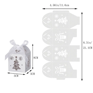 Laser-cut Christmas tree candy box with white ribbon and flat-pack assembly details