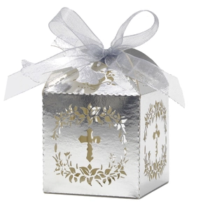 Silver laser-cut hollow cross candy box with ribbon for European wedding and parties