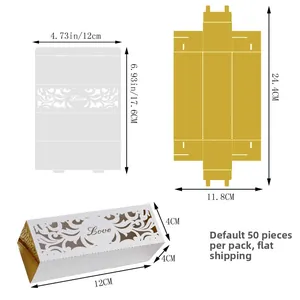 Flat lay and 3D view of laser-cut Love candy boxes with gold liners and dimensions